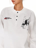 XPKAEAX Letter Print Washed Distressed Relaxed Crew Neck Women's Long Sleeve T-shirts