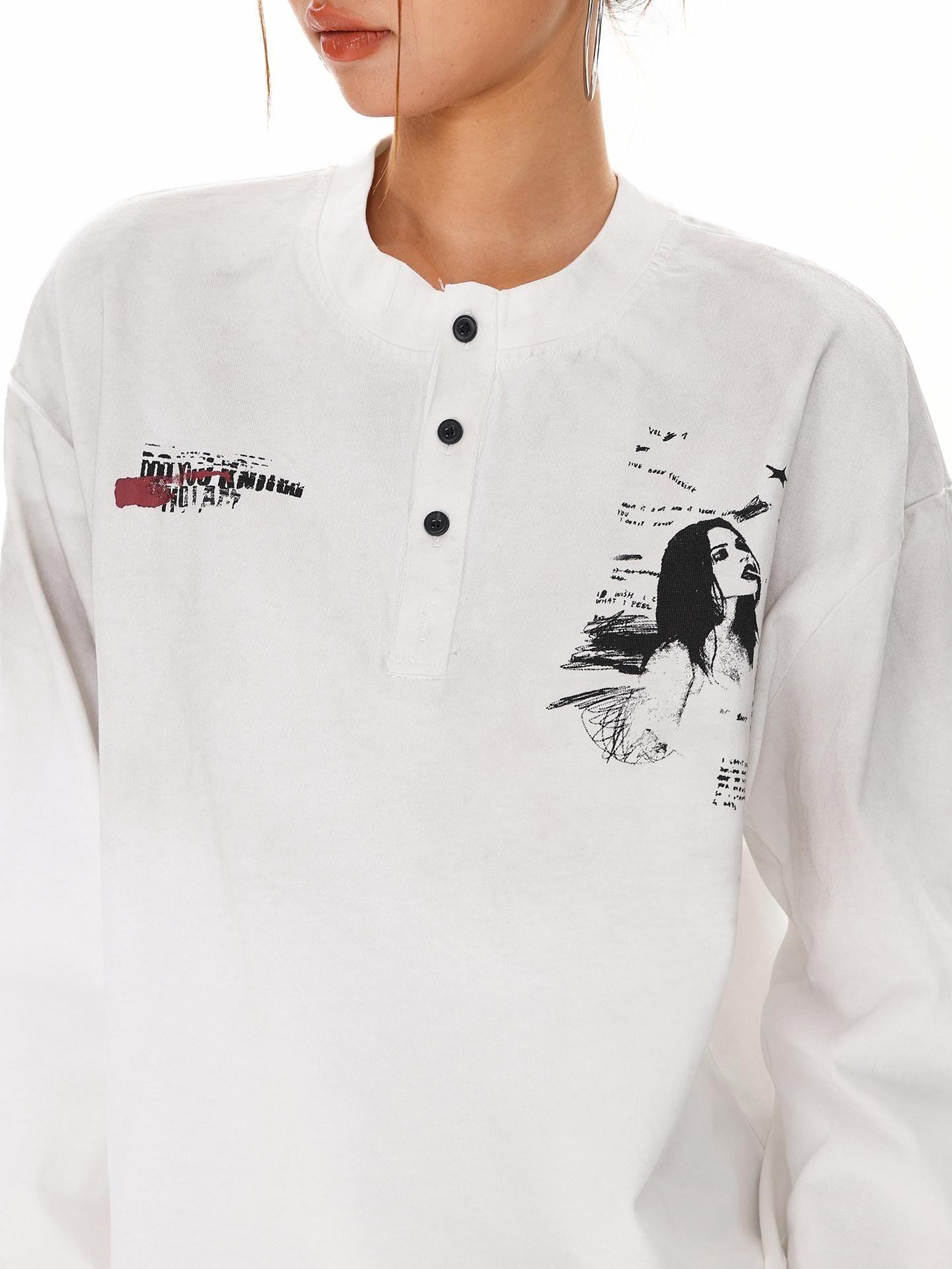 XPKAEAX Letter Print Washed Distressed Relaxed Crew Neck Women's Long Sleeve T-shirts