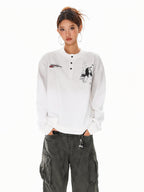 XPKAEAX Letter Print Washed Distressed Relaxed Crew Neck Women's Long Sleeve T-shirts