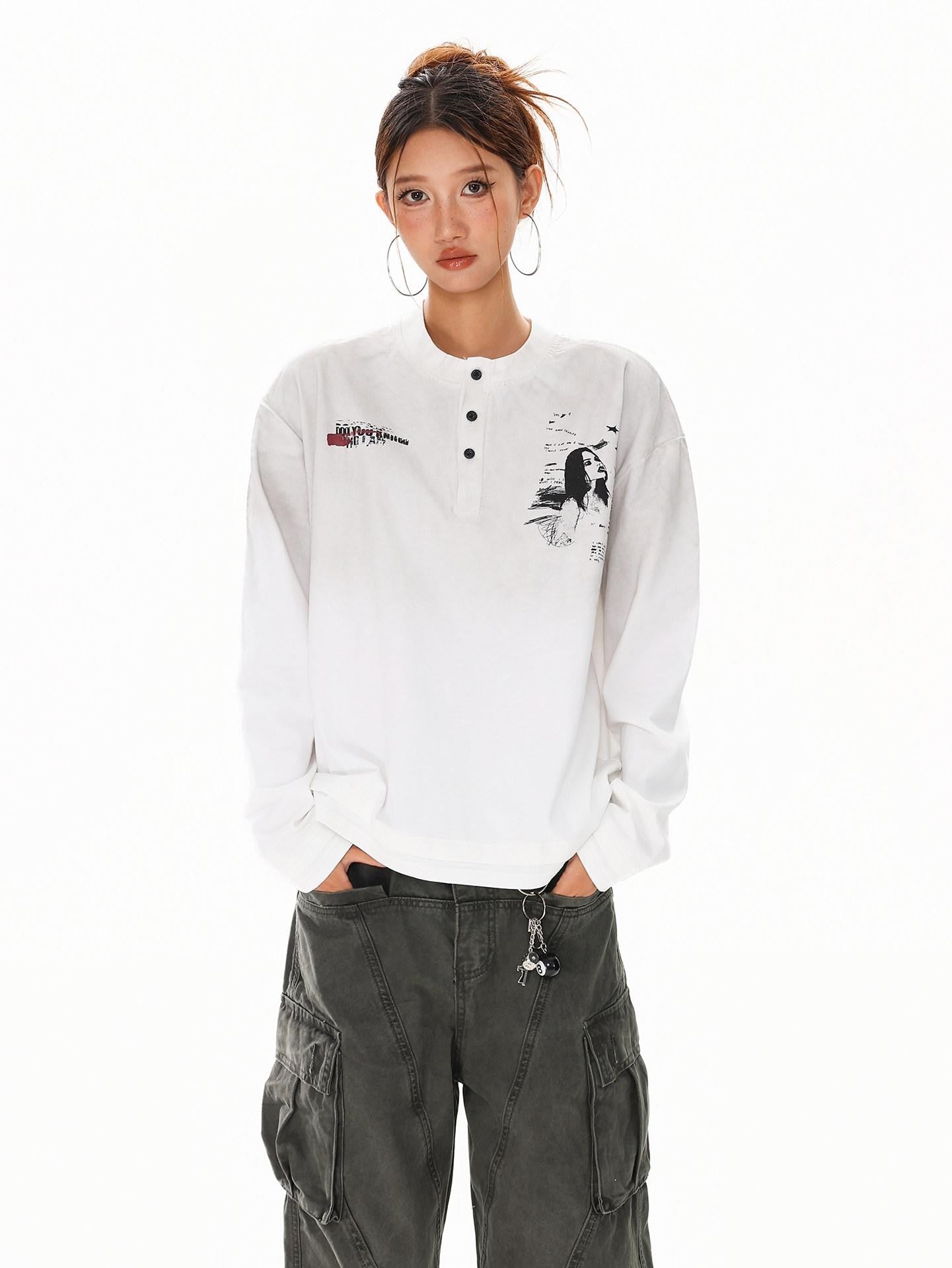XPKAEAX Letter Print Washed Distressed Relaxed Crew Neck Women's Long Sleeve T-shirts