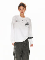 XPKAEAX Letter Print Washed Distressed Relaxed Crew Neck Women's Long Sleeve T-shirts