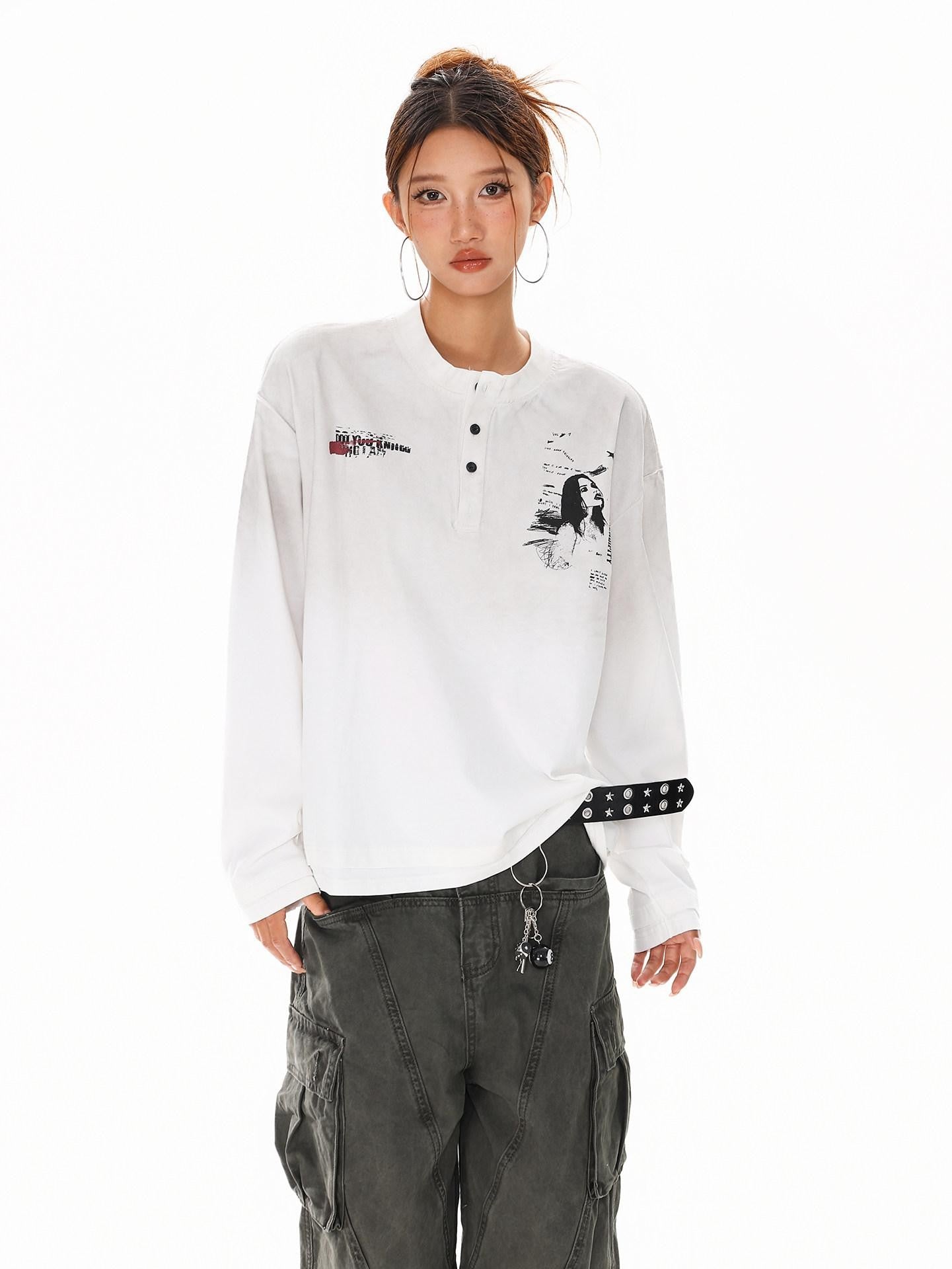 XPKAEAX Letter Print Washed Distressed Relaxed Crew Neck Women's Long Sleeve T-shirts