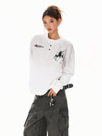 XPKAEAX Letter Print Washed Distressed Relaxed Crew Neck Women's Long Sleeve T-shirts
