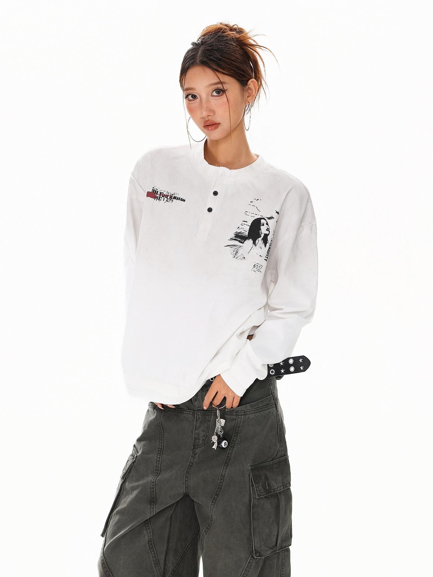 XPKAEAX Letter Print Washed Distressed Relaxed Crew Neck Women's Long Sleeve T-shirts