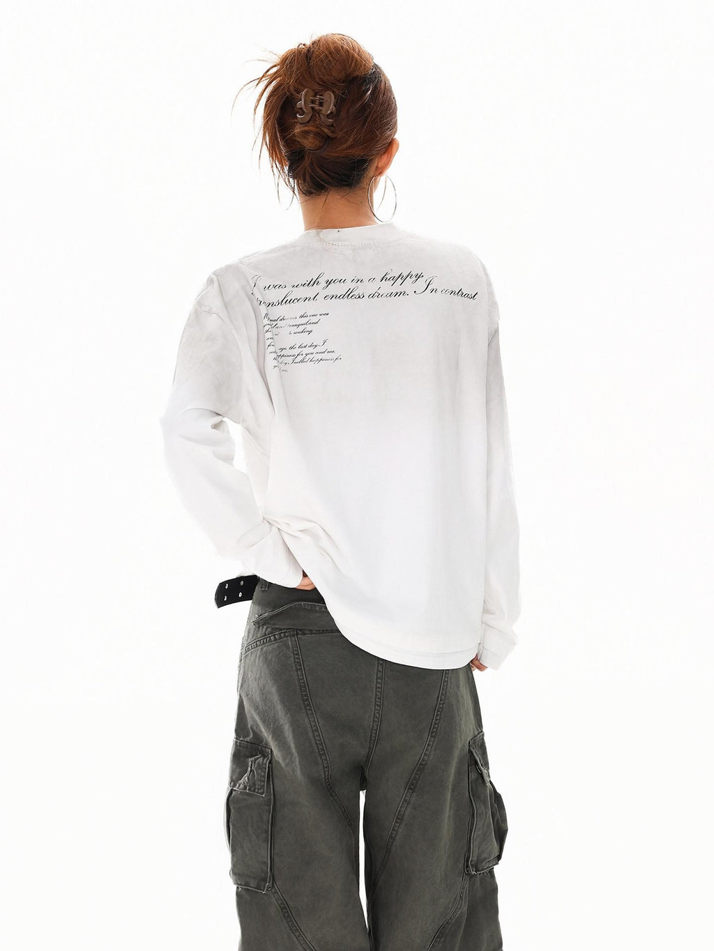 XPKAEAX Letter Print Washed Distressed Relaxed Crew Neck Women's Long Sleeve T-shirts