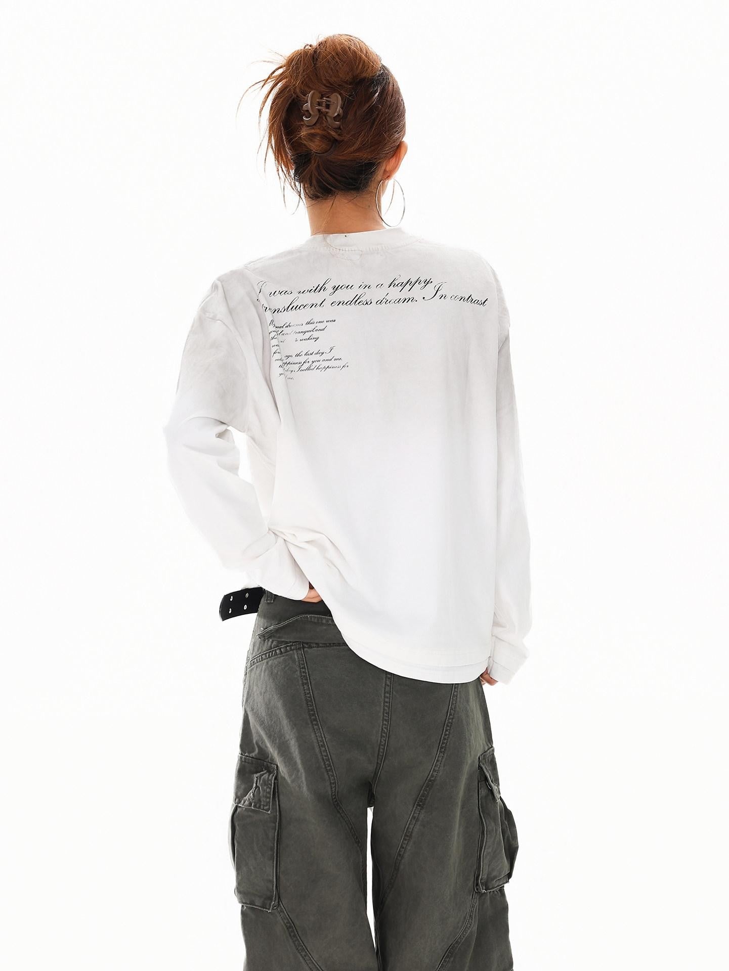 XPKAEAX Letter Print Washed Distressed Relaxed Crew Neck Women's Long Sleeve T-shirts