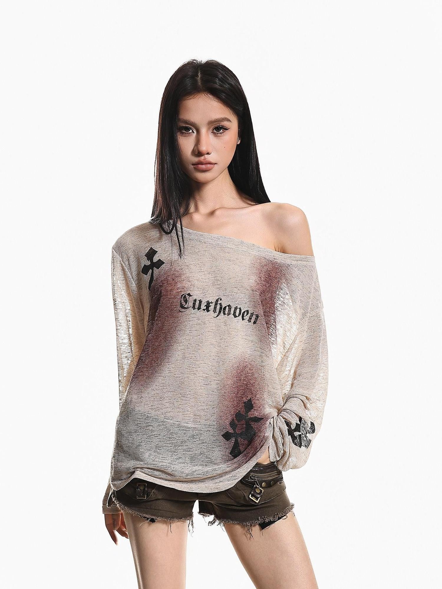 XPKAEAX Light Apricot Tie Dye One Shoulder Print Loose Women's Long Sleeve T-shirts
