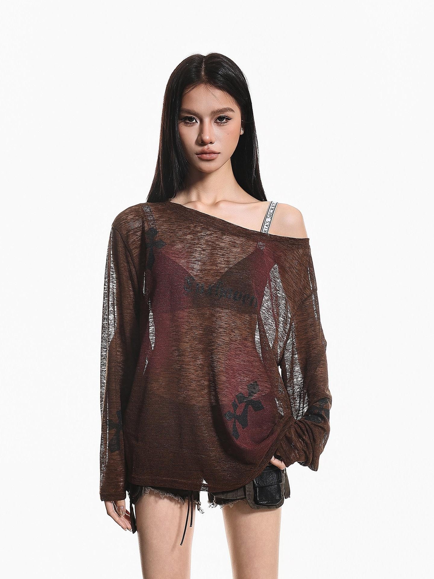 XPKAEAX Light Apricot Tie Dye One Shoulder Print Loose Women's Long Sleeve T-shirts