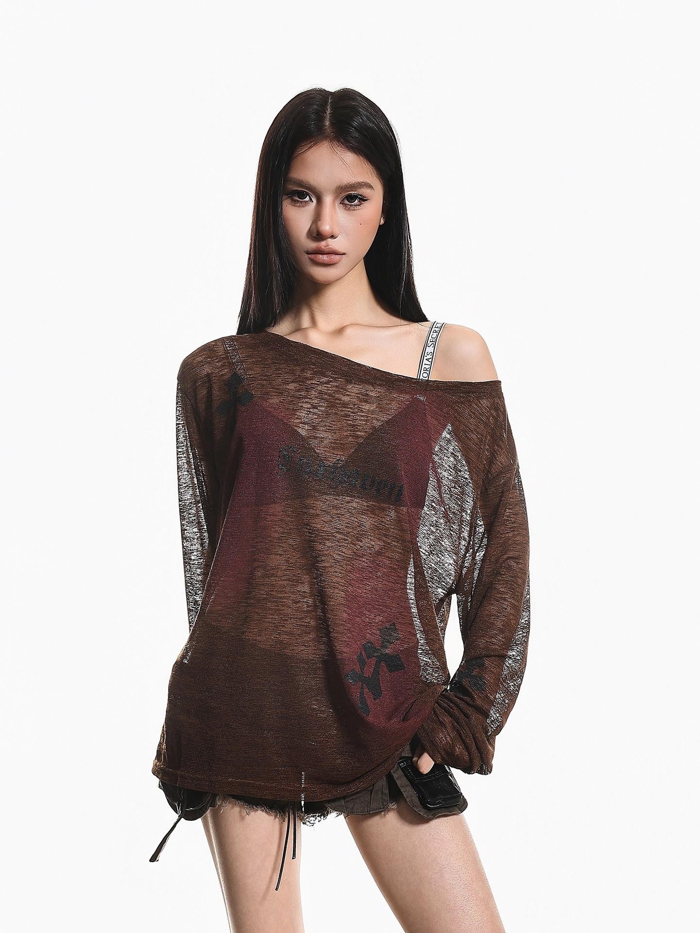 XPKAEAX Light Apricot Tie Dye One Shoulder Print Loose Women's Long Sleeve T-shirts