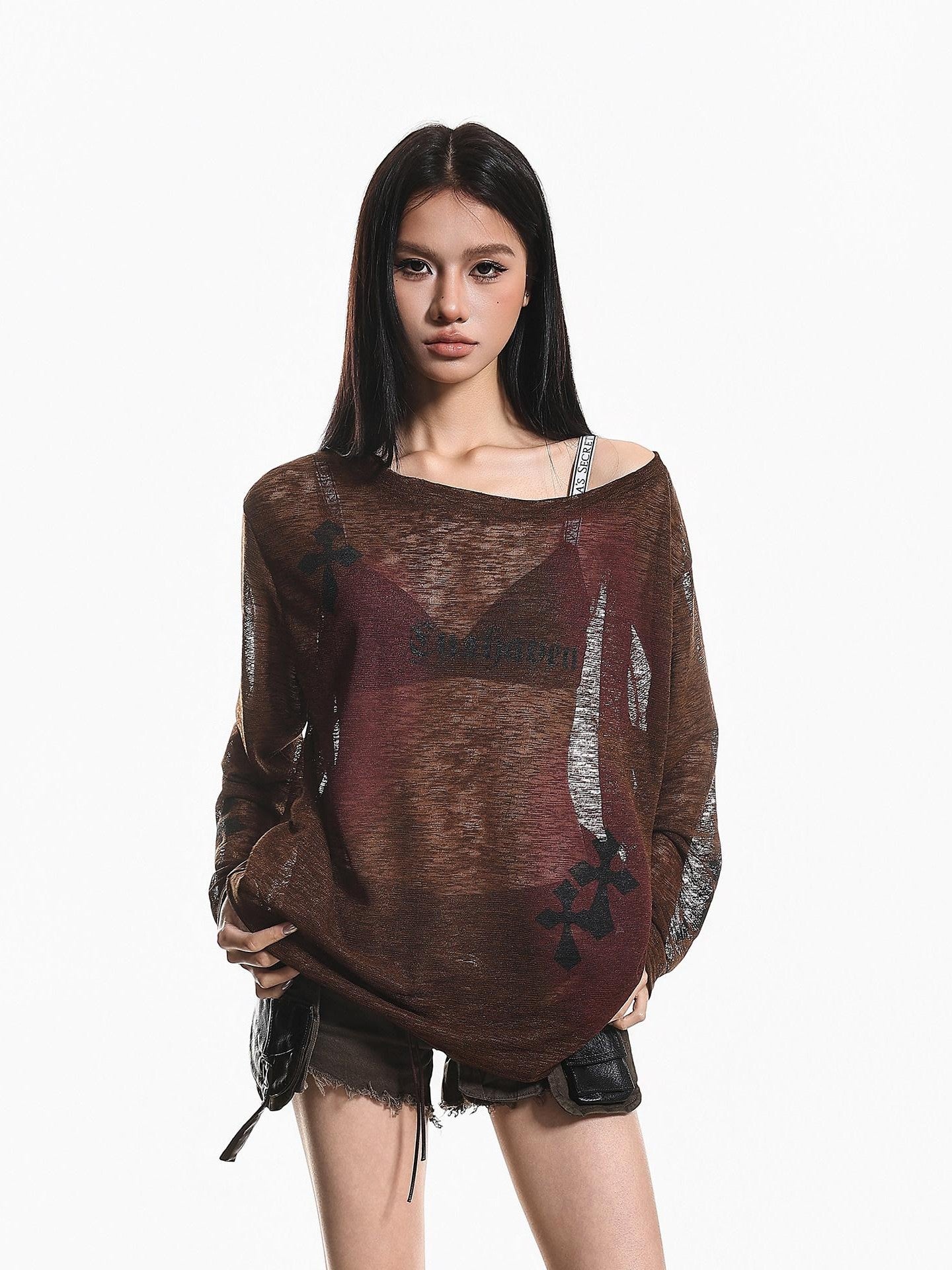 XPKAEAX Light Apricot Tie Dye One Shoulder Print Loose Women's Long Sleeve T-shirts