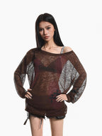 XPKAEAX Light Apricot Tie Dye One Shoulder Print Loose Women's Long Sleeve T-shirts