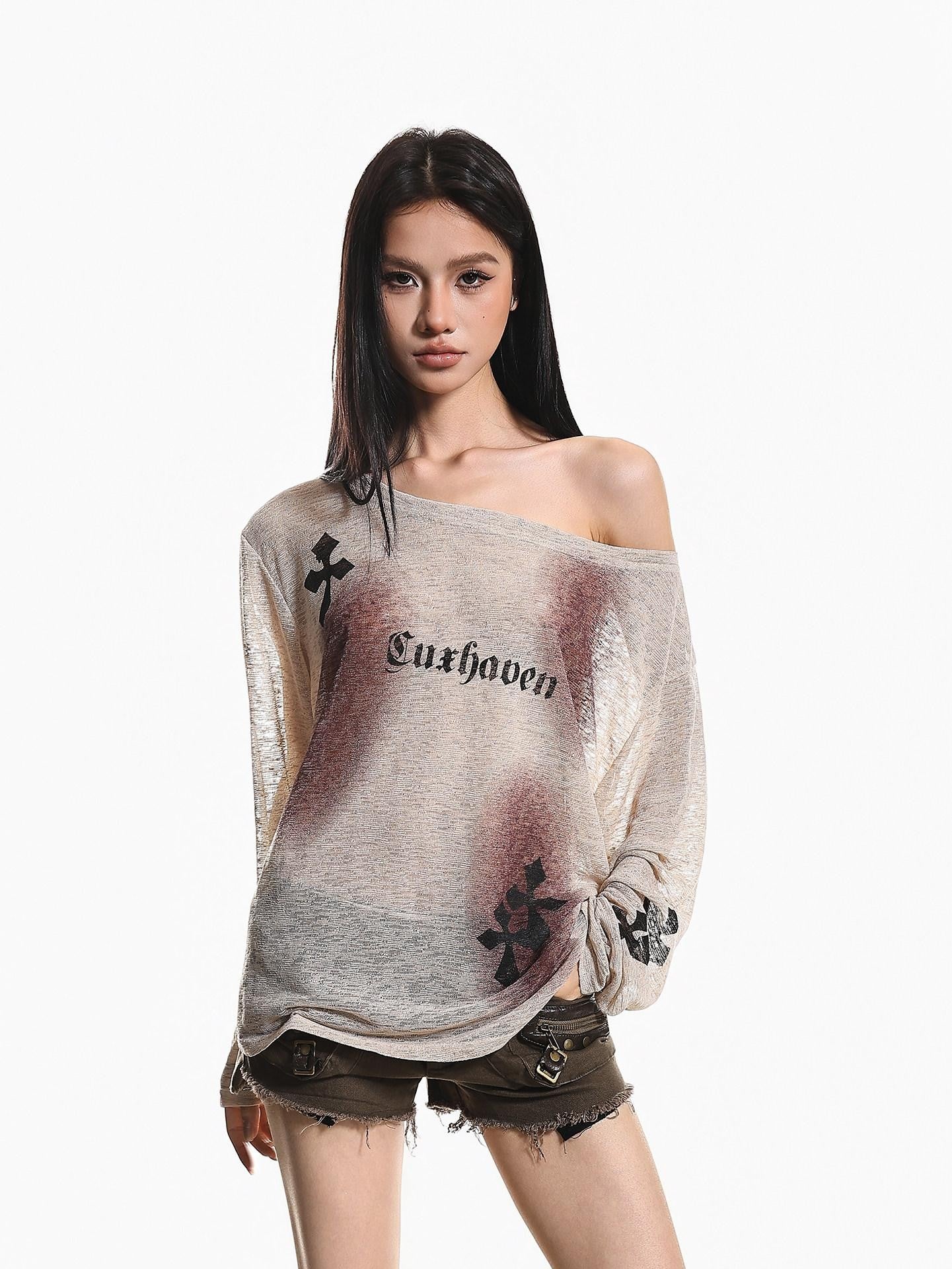 XPKAEAX Light Apricot Tie Dye One Shoulder Print Loose Women's Long Sleeve T-shirts