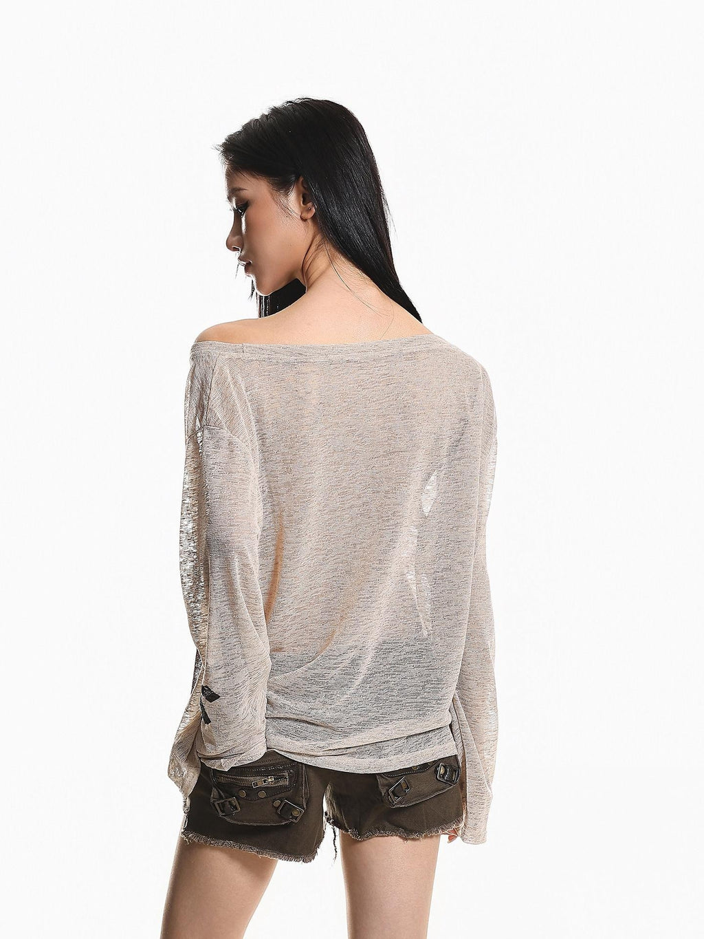 XPKAEAX Light Apricot Tie Dye One Shoulder Print Loose Women's Long Sleeve T-shirts