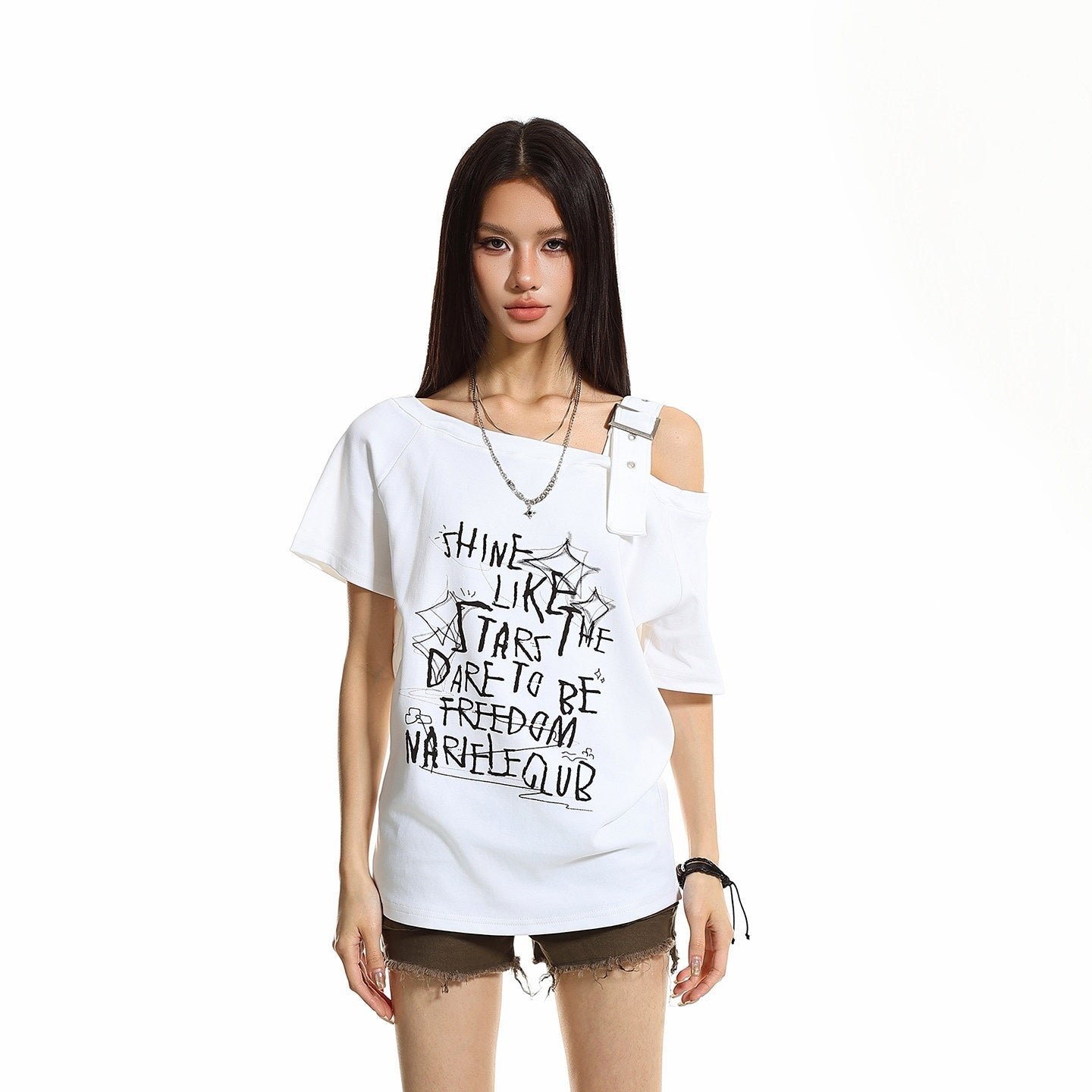 XPKAEAX One Shoulder Letter Print Women's Cotton Short Sleeve T-shirts 1046720865426