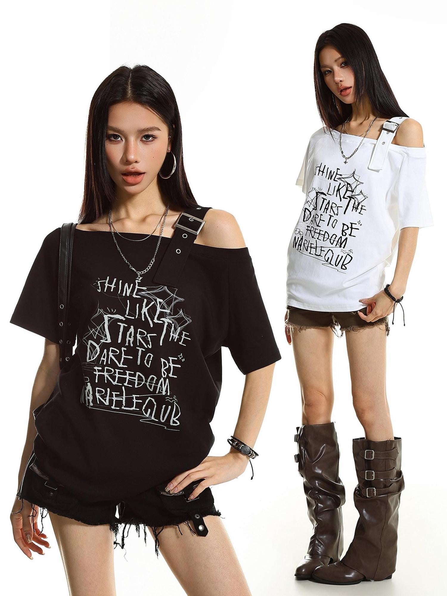 XPKAEAX One Shoulder Letter Print Women's Cotton Short Sleeve T-shirts