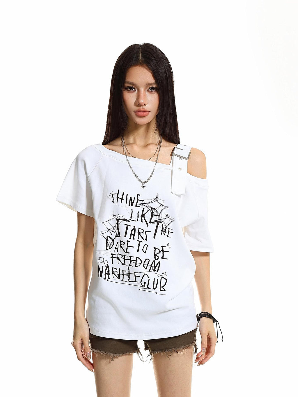 XPKAEAX One Shoulder Letter Print Women's Cotton Short Sleeve T-shirts
