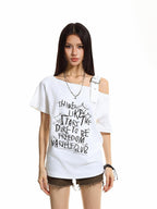 XPKAEAX One Shoulder Letter Print Women's Cotton Short Sleeve T-shirts