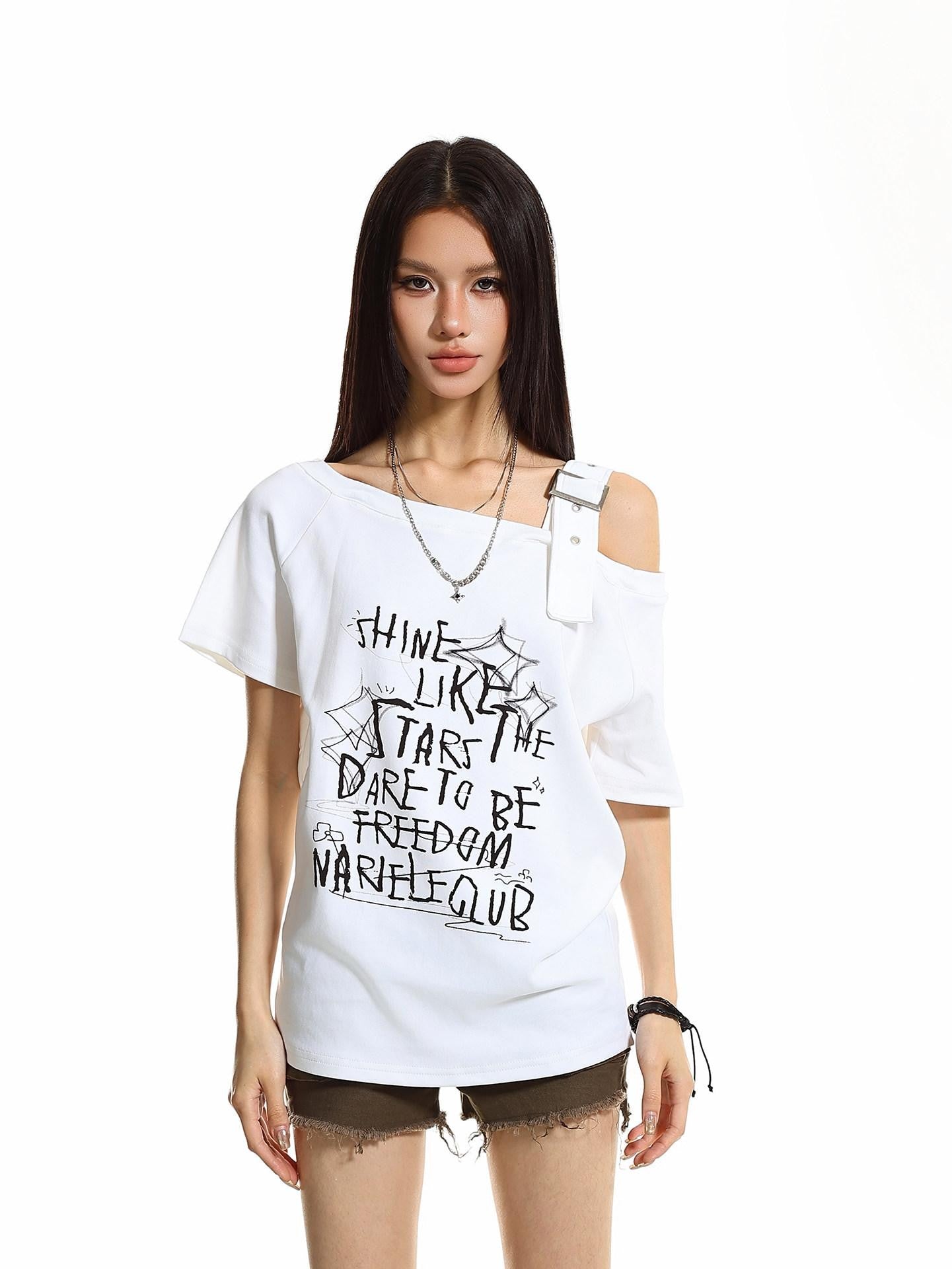 XPKAEAX One Shoulder Letter Print Women's Cotton Short Sleeve T-shirts