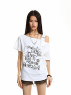 XPKAEAX One Shoulder Letter Print Women's Cotton Short Sleeve T-shirts