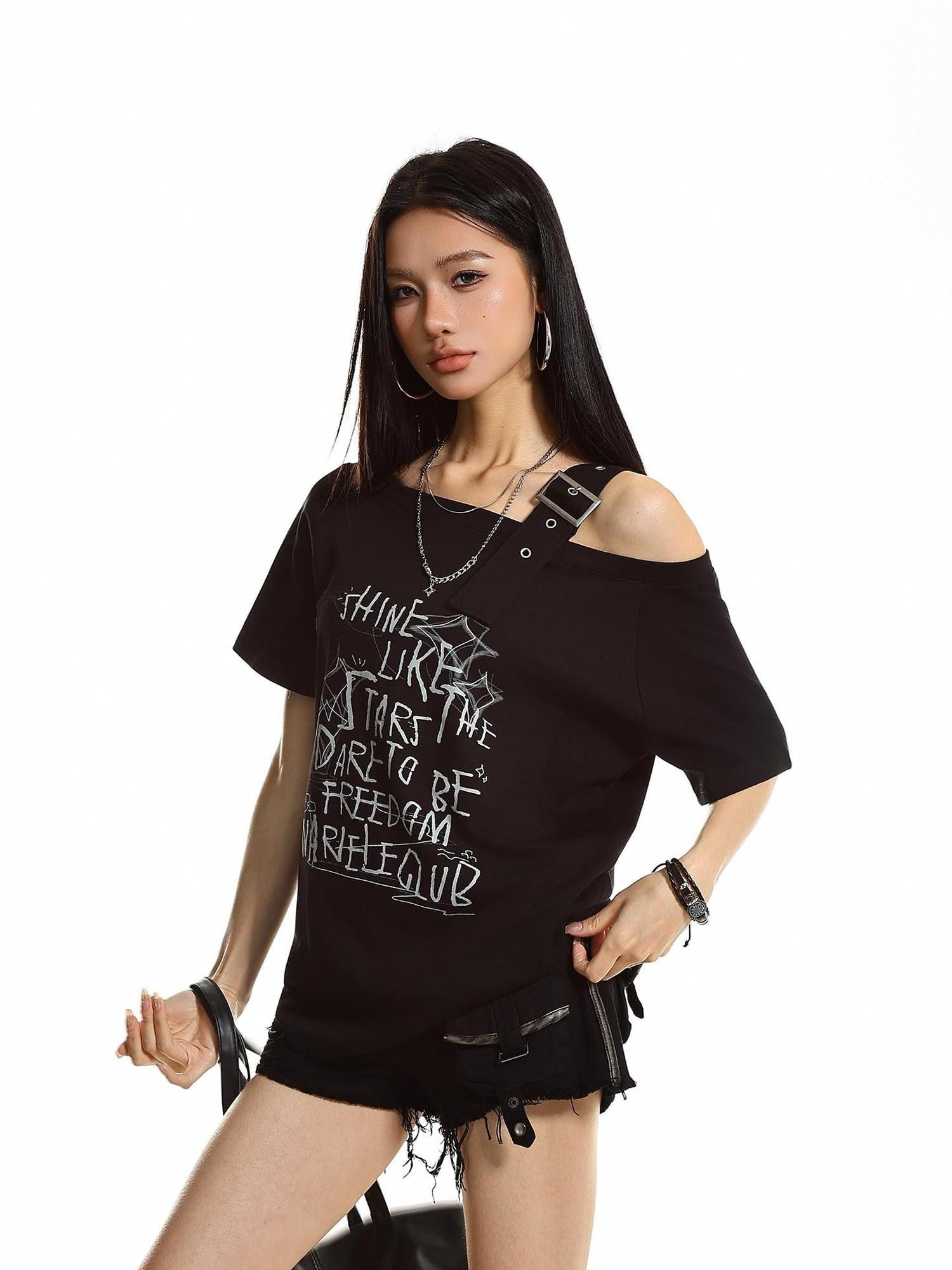 XPKAEAX One Shoulder Letter Print Women's Cotton Short Sleeve T-shirts