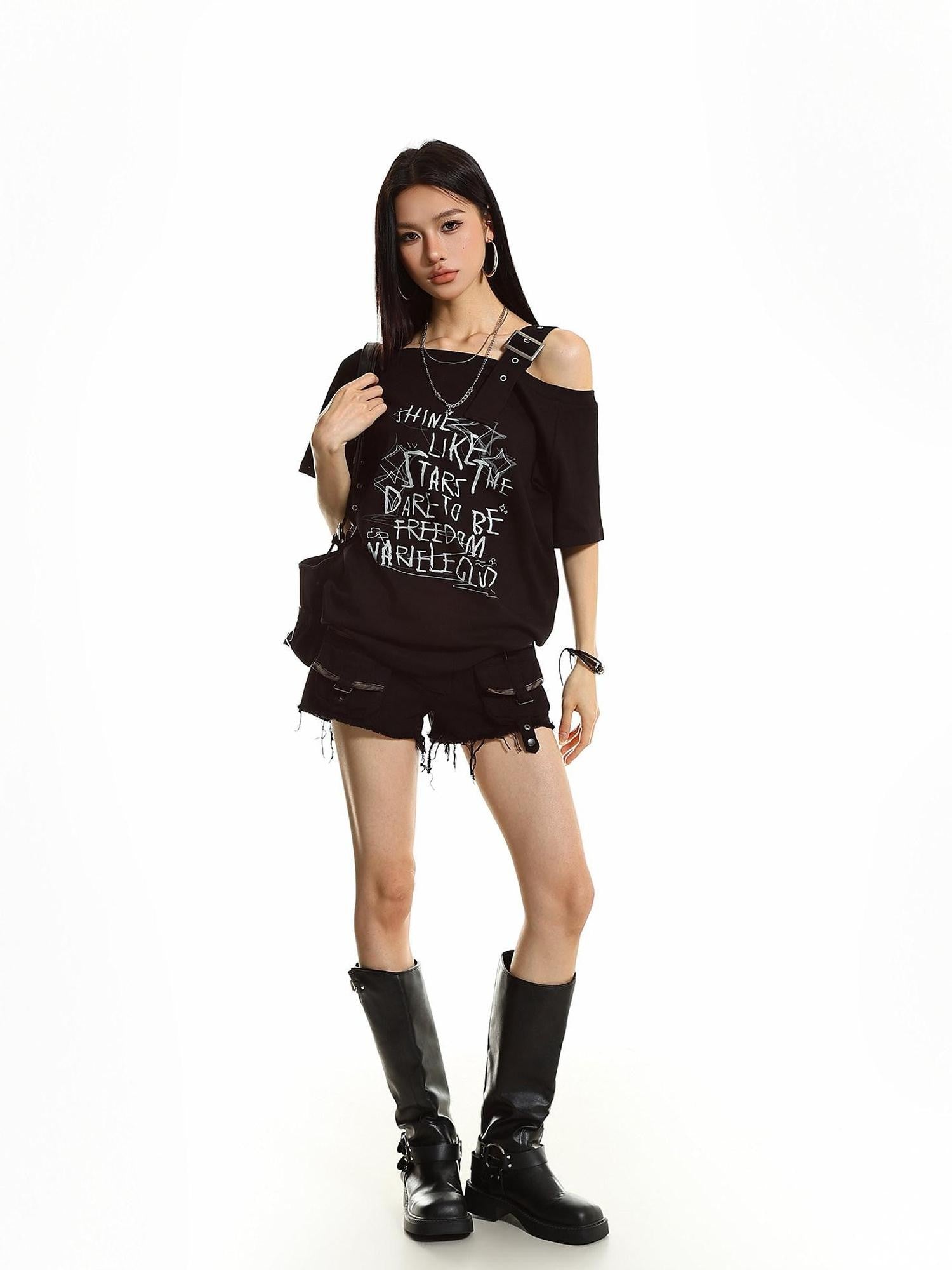 XPKAEAX One Shoulder Letter Print Women's Cotton Short Sleeve T-shirts