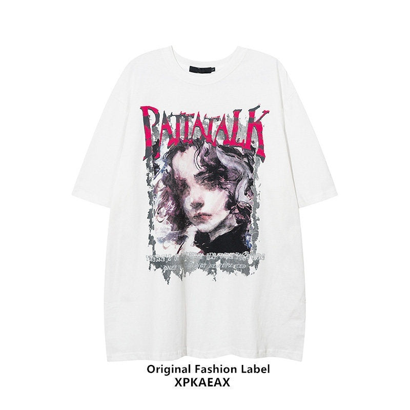 XPKAEAX Oversize Character Print Drop Shoulder Women's Short Sleeve T-shirts 697970695537