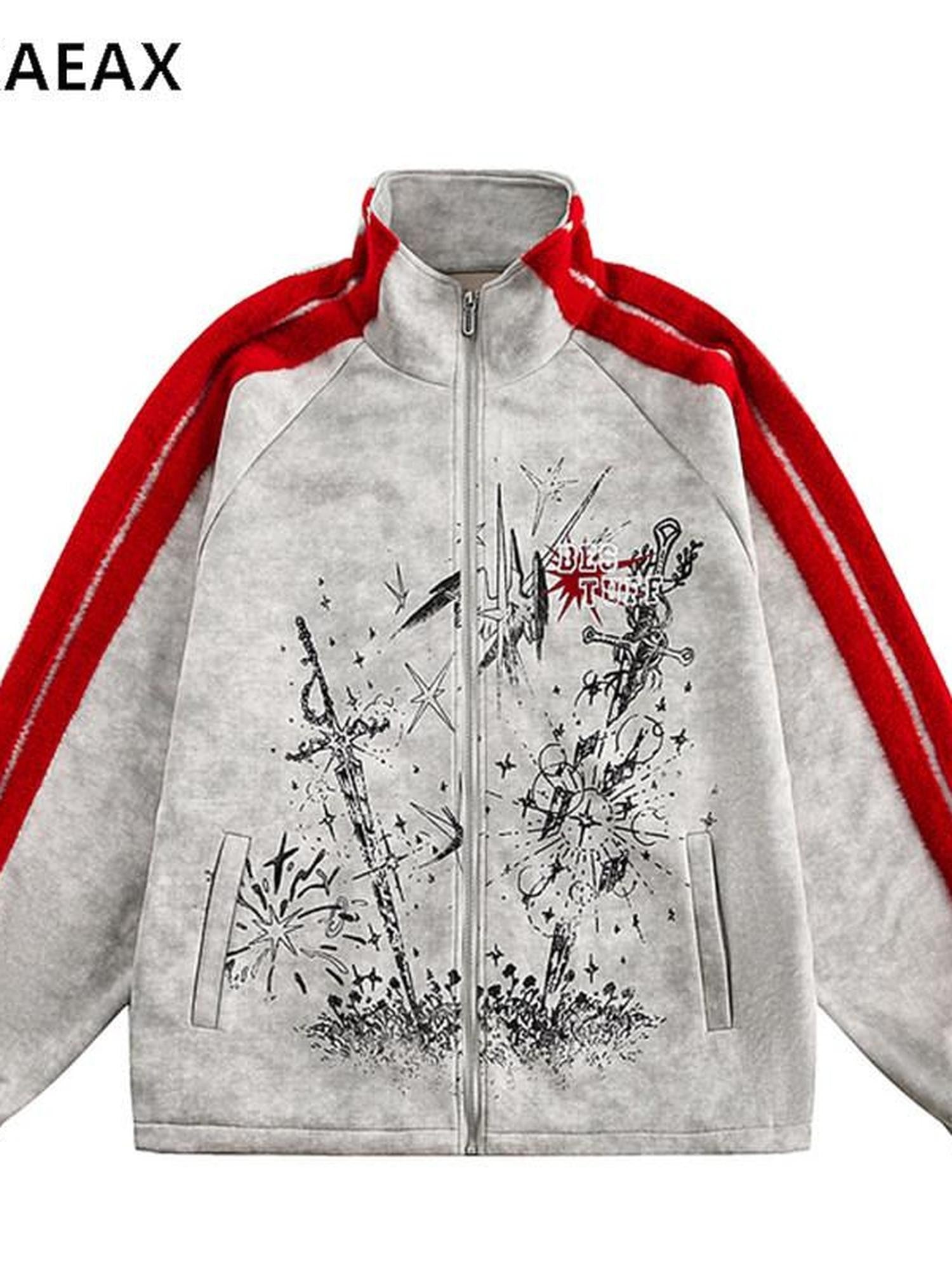 XPKAEAX Oversized Colorblock Print Stand Collar Zipper Women's Utility Jackets