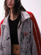 XPKAEAX Oversized Colorblock Print Stand Collar Zipper Women's Utility Jackets