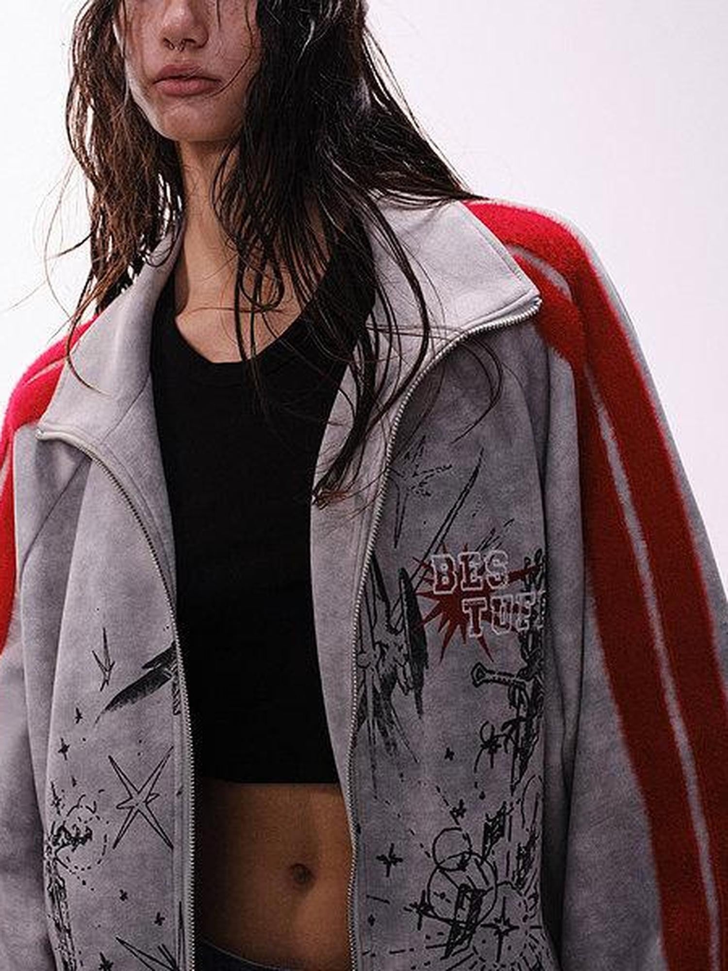 XPKAEAX Oversized Colorblock Print Stand Collar Zipper Women's Utility Jackets