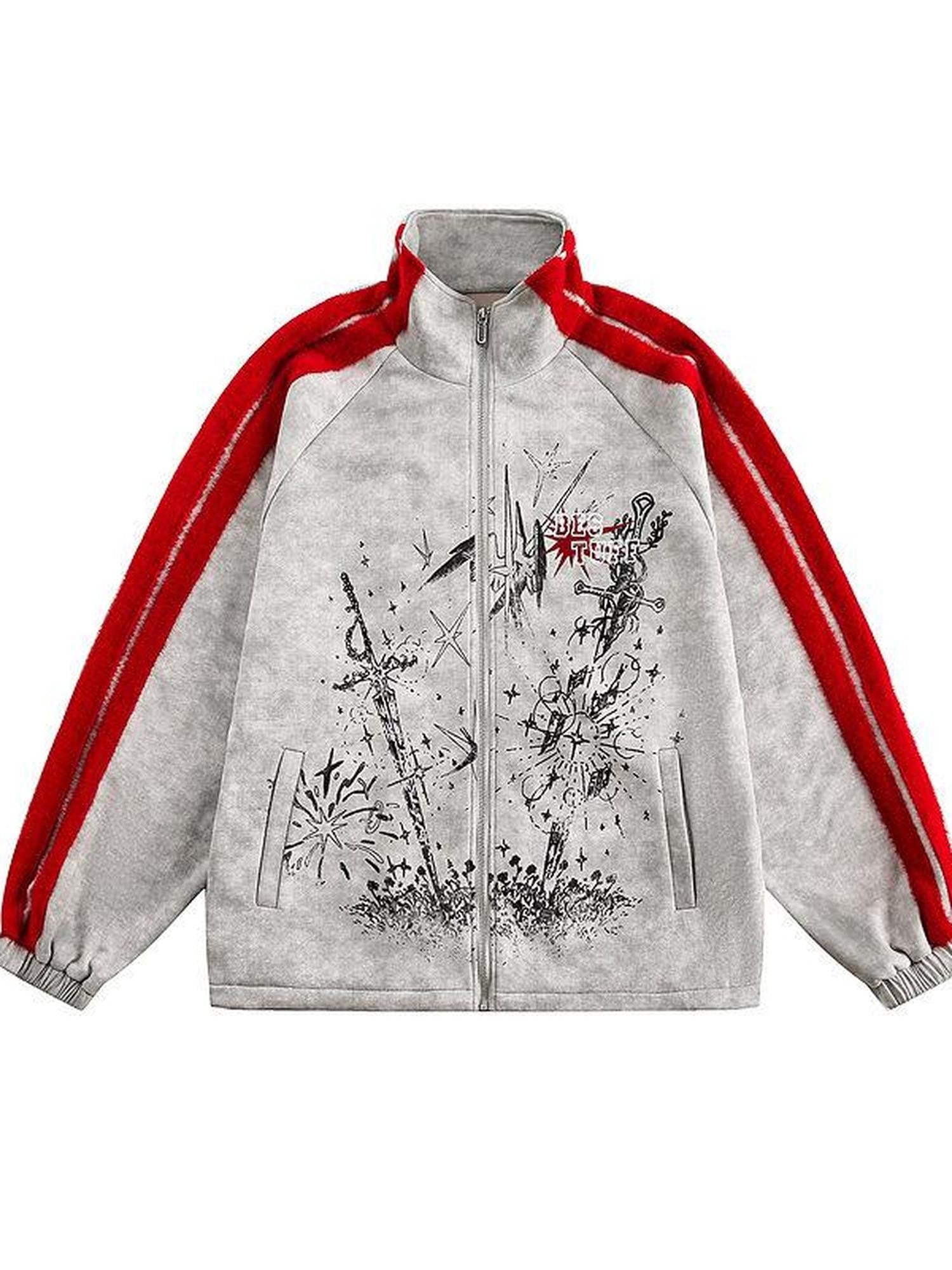 XPKAEAX Oversized Colorblock Print Stand Collar Zipper Women's Utility Jackets