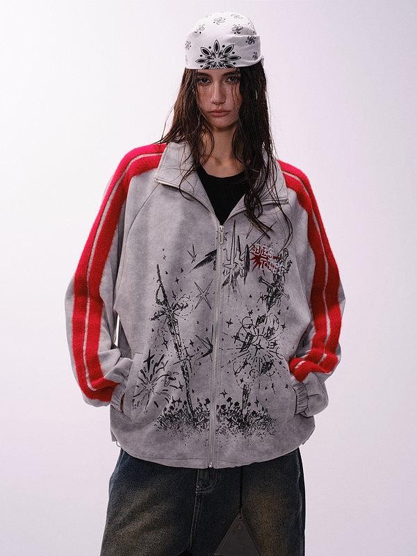 XPKAEAX Oversized Colorblock Print Stand Collar Zipper Women's Utility Jackets