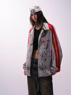 XPKAEAX Oversized Colorblock Print Stand Collar Zipper Women's Utility Jackets