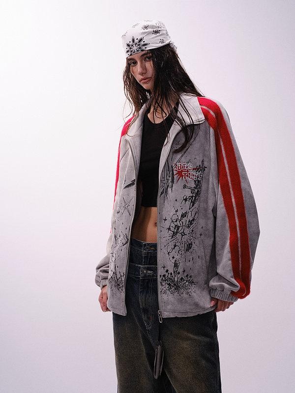 XPKAEAX Oversized Colorblock Print Stand Collar Zipper Women's Utility Jackets