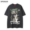 XPKAEAX Oversized Figure Print Washed Distressed Women's Short Sleeve T-shirts 919750227381