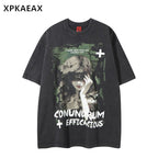 XPKAEAX Oversized Figure Print Washed Distressed Women's Short Sleeve T-shirts 919750227381