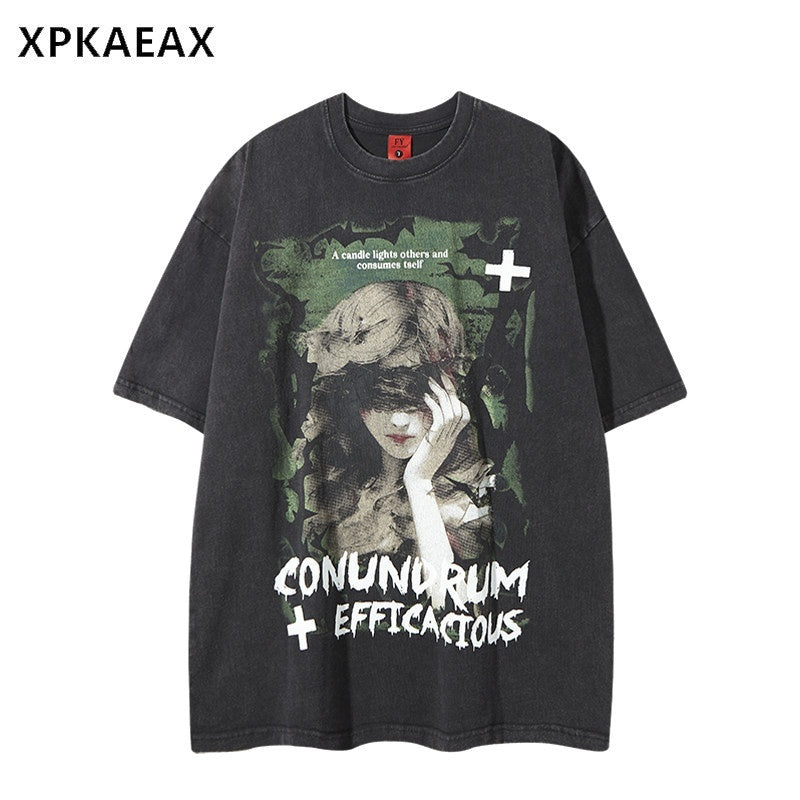 XPKAEAX Oversized Figure Print Washed Distressed Women's Short Sleeve T-shirts 919750227381