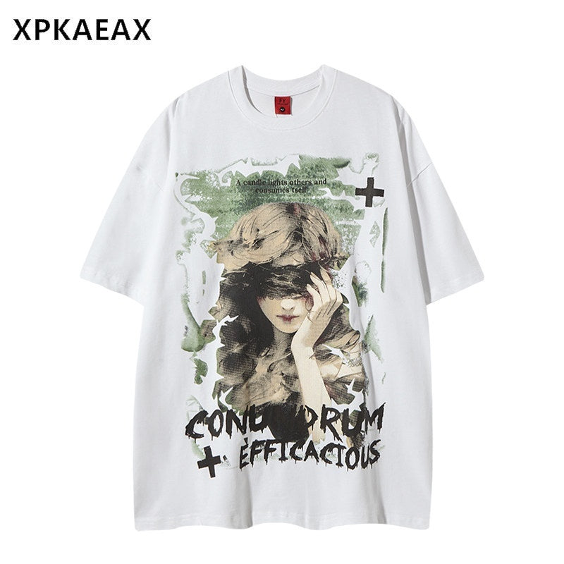 XPKAEAX Oversized Figure Print Washed Distressed Women's Short Sleeve T-shirts 919750227381