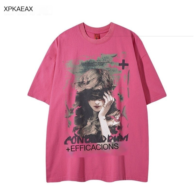XPKAEAX Oversized Figure Print Washed Distressed Women's Short Sleeve T-shirts 919750227381