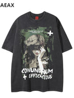 XPKAEAX Oversized Figure Print Washed Distressed Women's Short Sleeve T-shirts