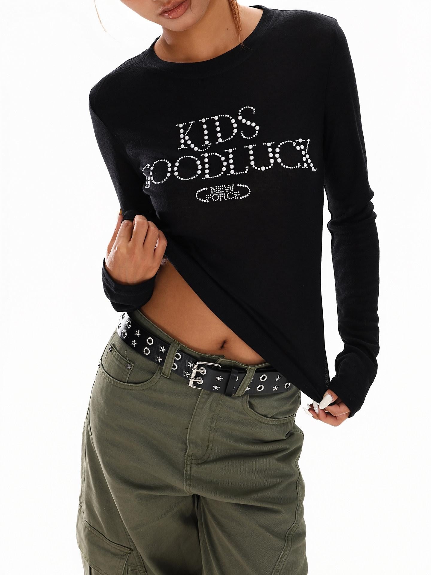 XPKAEAX Pearl Rhinestone Slim Fit Semi Sheer Women's Other Fabric Long Sleeve T-shirts