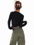 XPKAEAX Pearl Rhinestone Slim Fit Semi Sheer Women's Other Fabric Long Sleeve T-shirts