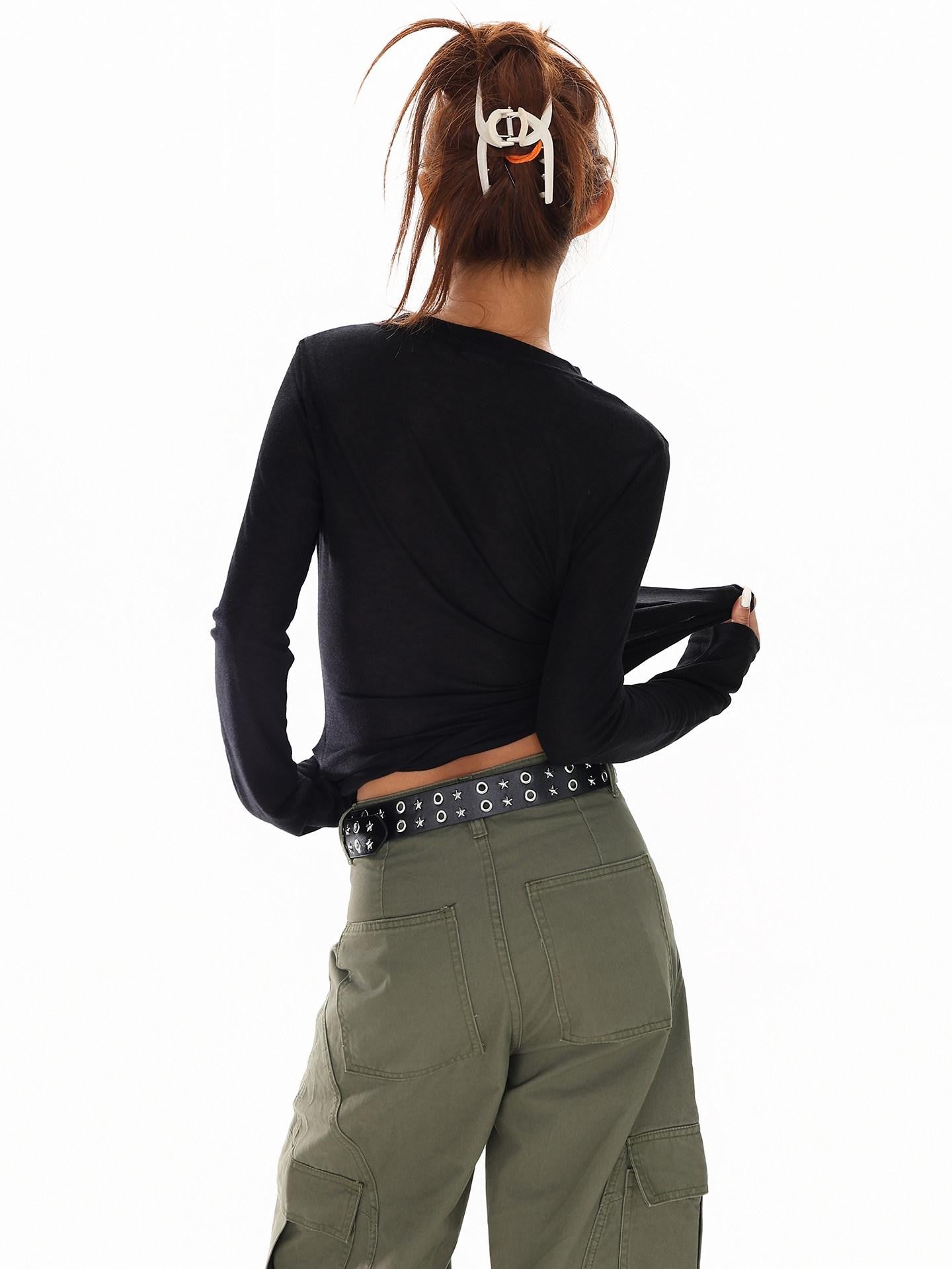 XPKAEAX Pearl Rhinestone Slim Fit Semi Sheer Women's Other Fabric Long Sleeve T-shirts
