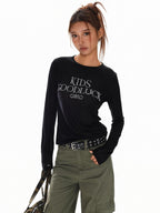 XPKAEAX Pearl Rhinestone Slim Fit Semi Sheer Women's Other Fabric Long Sleeve T-shirts