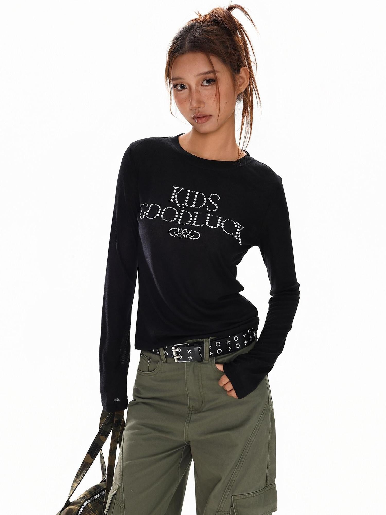 XPKAEAX Pearl Rhinestone Slim Fit Semi Sheer Women's Other Fabric Long Sleeve T-shirts