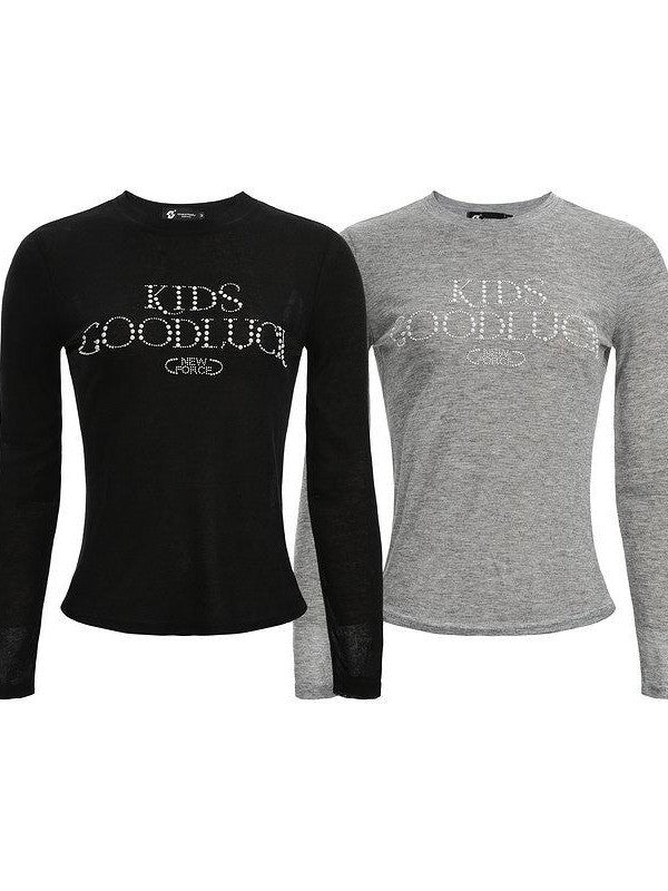 XPKAEAX Pearl Rhinestone Slim Fit Semi Sheer Women's Other Fabric Long Sleeve T-shirts