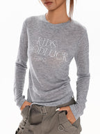 XPKAEAX Pearl Rhinestone Slim Fit Semi Sheer Women's Other Fabric Long Sleeve T-shirts