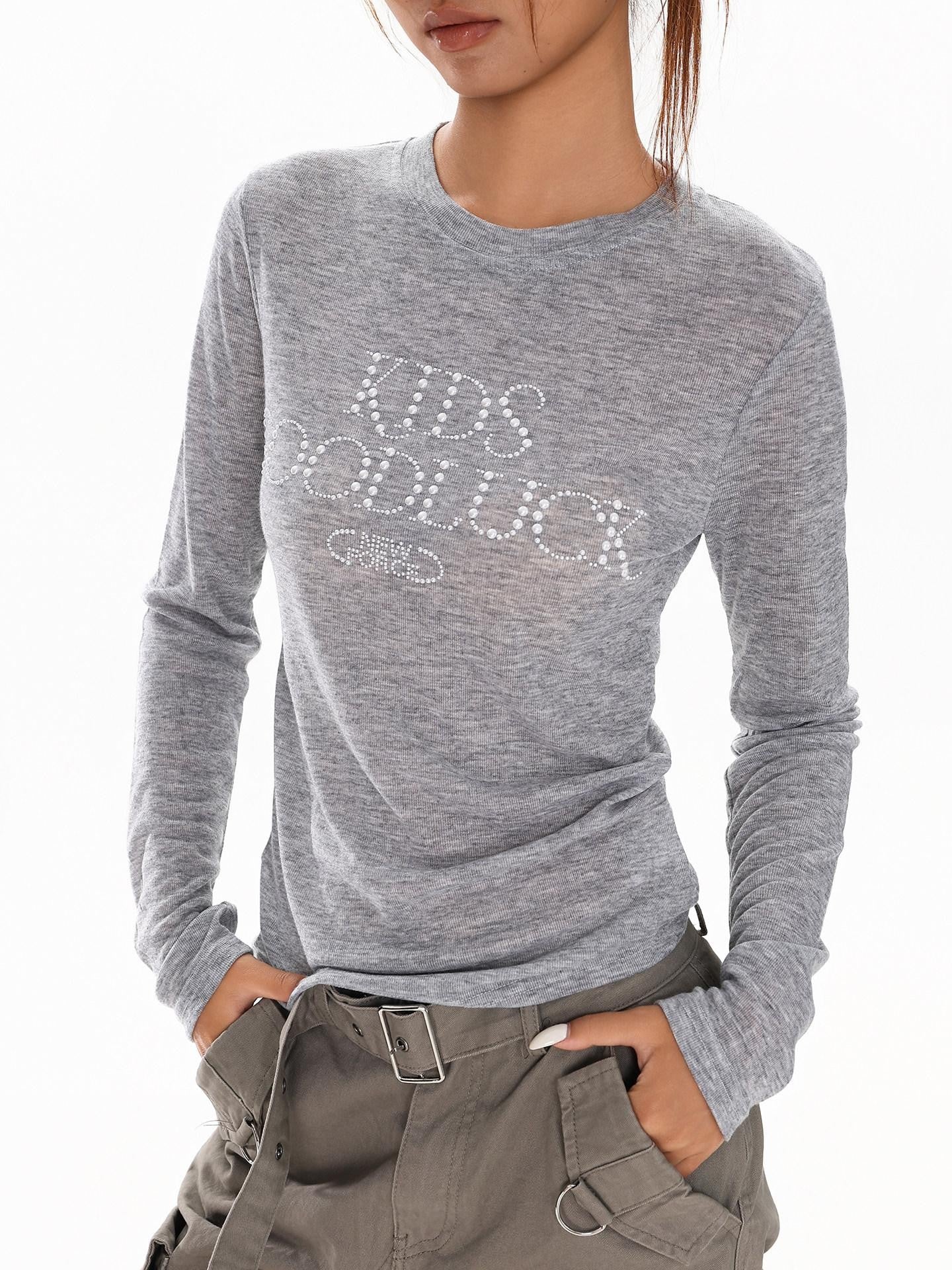 XPKAEAX Pearl Rhinestone Slim Fit Semi Sheer Women's Other Fabric Long Sleeve T-shirts