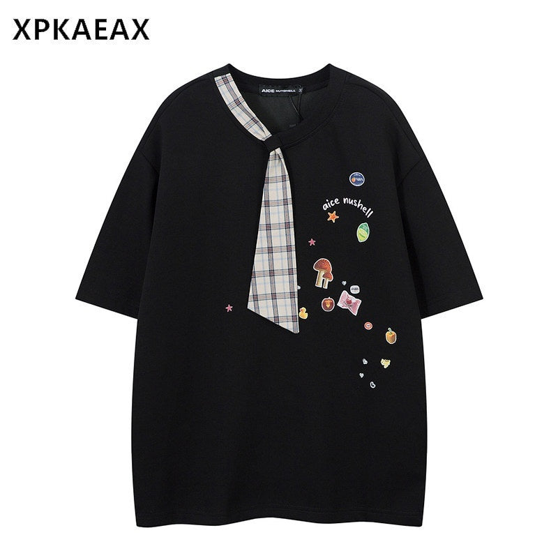 XPKAEAX Plaid Faux Tie Patchwork Cartoon Print Women's Short Sleeve T-shirts 934041341843