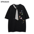 XPKAEAX Plaid Faux Tie Patchwork Cartoon Print Women's Short Sleeve T-shirts 934041341843