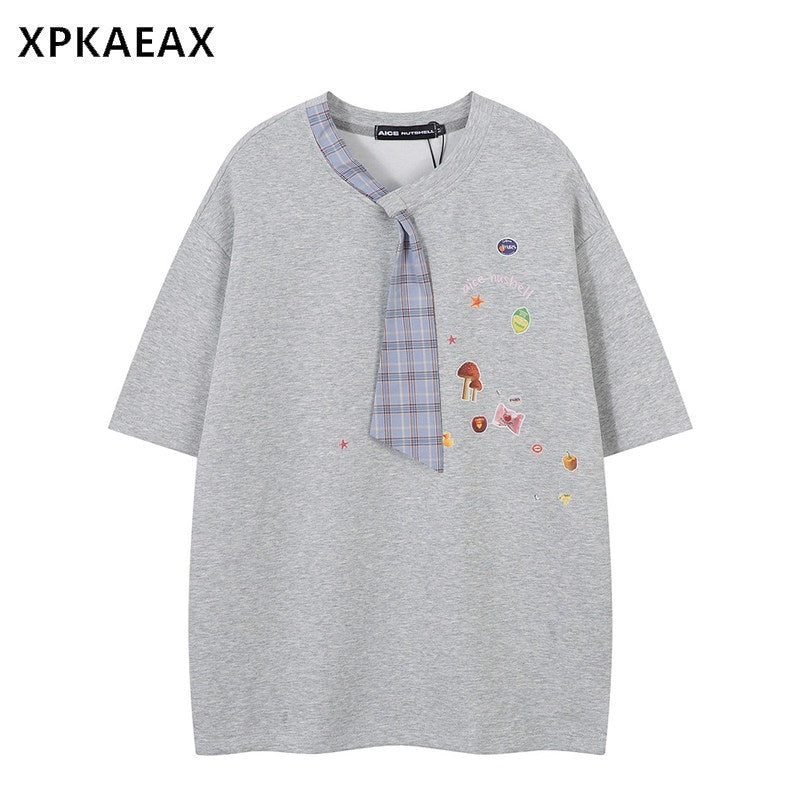 XPKAEAX Plaid Faux Tie Patchwork Cartoon Print Women's Short Sleeve T-shirts 934041341843